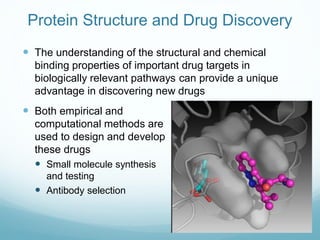 Protein Structure and Drug Discovery
 The understanding of the structural and chemical
binding properties of important drug targets in
biologically relevant pathways can provide a unique
advantage in discovering new drugs
 Both empirical and
computational methods are
used to design and develop
these drugs
 Small molecule synthesis
and testing
 Antibody selection
 