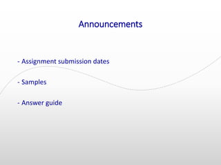 Announcements
- Assignment submission dates
- Samples
- Answer guide
 