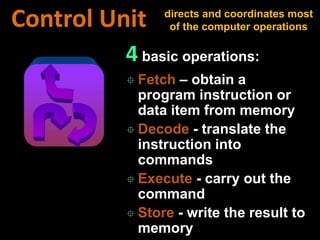 4 basic operations:
 Fetch – obtain a
program instruction or
data item from memory
 Decode - translate the
instruction into
commands
 Execute - carry out the
command
 Store - write the result to
memory
Control Unit directs and coordinates most
of the computer operations
 