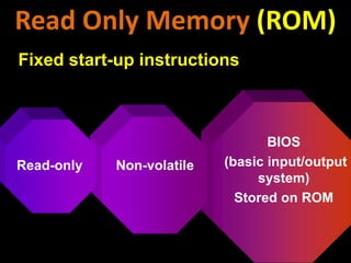 BIOS
(basic input/output
system)
Stored on ROM
Non-volatileRead-only
Read Only Memory (ROM)
Fixed start-up instructions
 