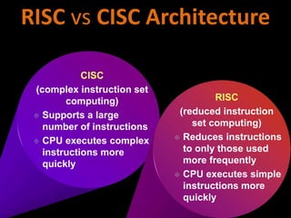 CISC
(complex instruction set
computing)
 Supports a large
number of instructions
 CPU executes complex
instructions more
quickly
RISC
(reduced instruction
set computing)
 Reduces instructions
to only those used
more frequently
 CPU executes simple
instructions more
quickly
RISC vs CISC Architecture
 