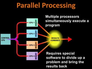 Multiple processors
simultaneously execute a
program
Requires special
software to divide up a
problem and bring the
results back
Parallel Processing
 