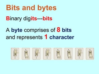 Bits and bytes
Binary digits---bits
A byte comprises of 8 bits
and represents 1 character
 
