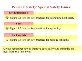 Figure 9.3 lists ten key practices for parking lot safety
Figure 9.2 lists ten key practices for spa safety
Figure 9.1 lists ten key practices for swimming pool safety
Swimming pools
Personal Safety: Special Safety Issues
Spas
Parking lots
Always remember how to improve guest safety and minimize the
legal liability of the hotel!
 