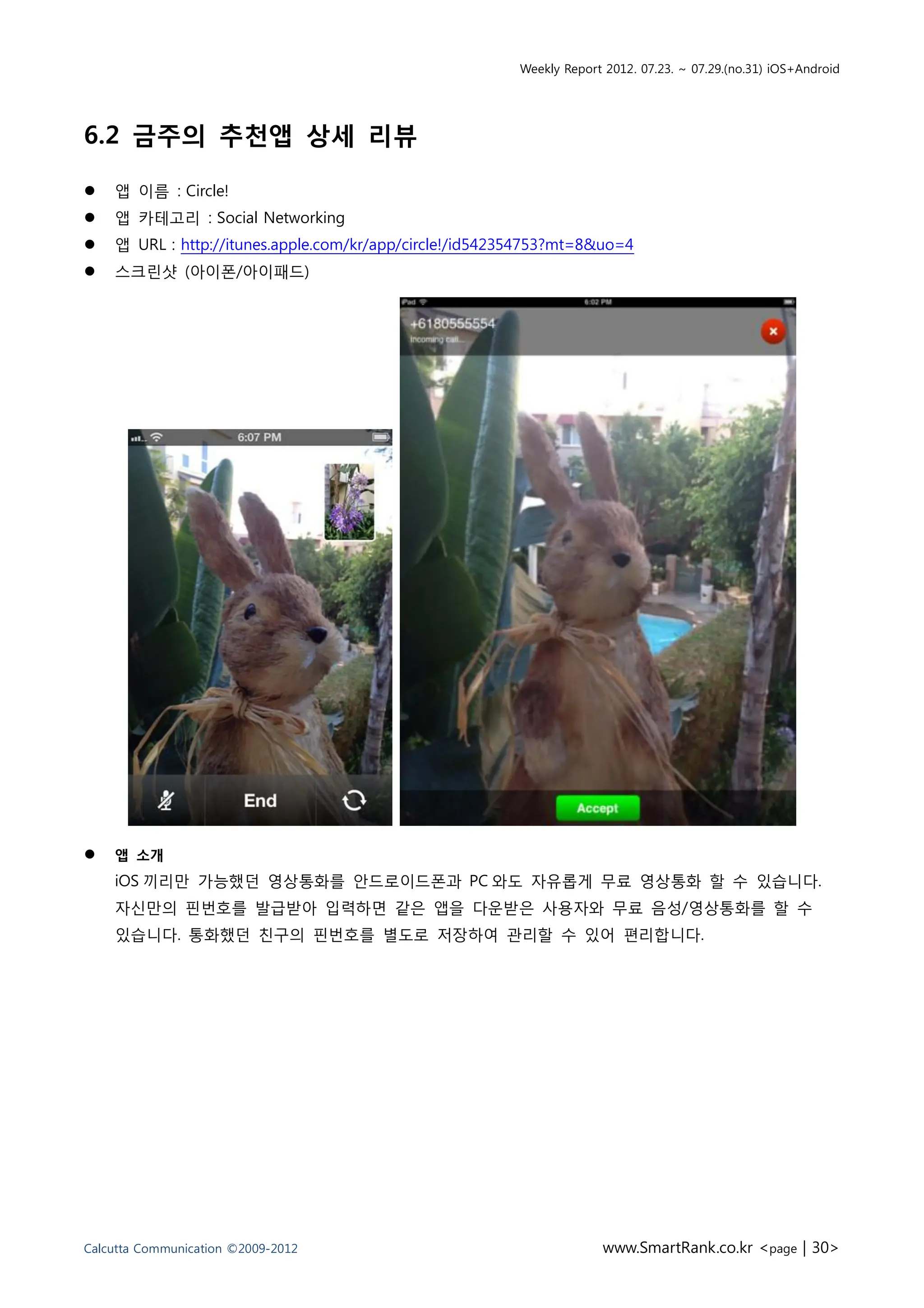 Weekly Report 2012. 07.23. ~ 07.29.(no.31) iOS+Android




6.2 금주의 추천앱 상세 리뷰

   앱 이름 : Circle!
   앱 카테고리 : Social Networking
   앱 URL : http://itunes.apple.com/kr/app/circle!/id542354753?mt=8&uo=4
   스크린샷 (아이폰/아이패드)




   앱 소개
    iOS 끼리만 가능했던 영상통화를 안드로이드폰과 PC 와도 자유롭게 무료 영상통화 할 수 있습니다.
    자신만의 핀번호를 발급받아 입력하면 같은 앱을 다운받은 사용자와 무료 음성/영상통화를 할 수
    있습니다. 통화했던 친구의 핀번호를 별도로 저장하여 관리할 수 있어 편리합니다.




Calcutta Communication ©2009-2012                                     www.SmartRank.co.kr <page | 30>
 