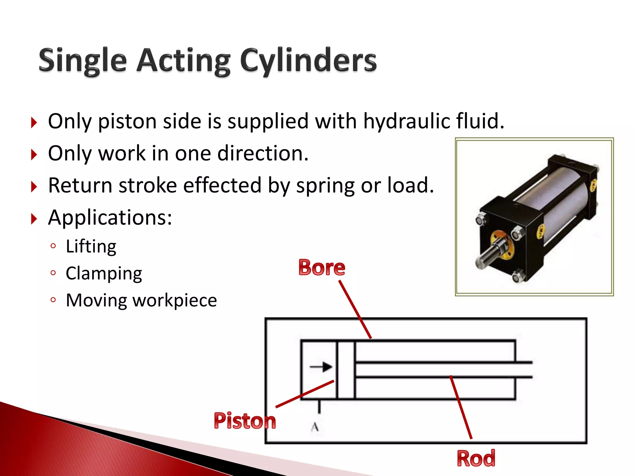  Only piston side is supplied with hydraulic fluid.
 Only work in one direction.
 Return stroke effected by spring or load.
 Applications:
◦ Lifting
◦ Clamping
◦ Moving workpiece
 