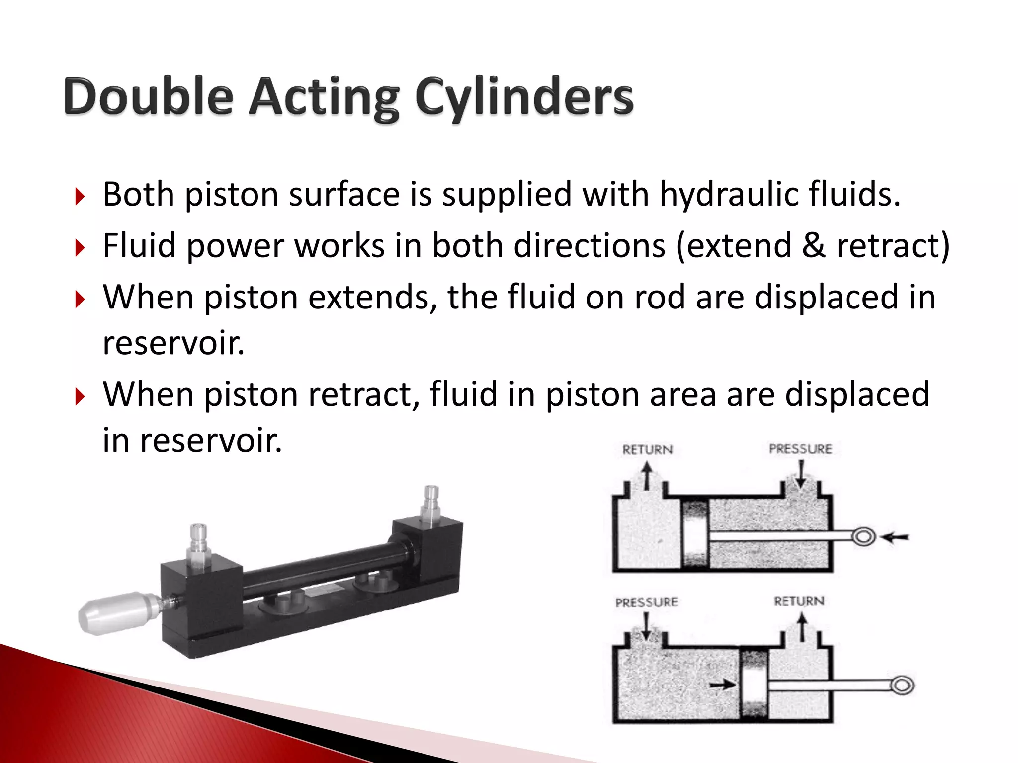  Both piston surface is supplied with hydraulic fluids.
 Fluid power works in both directions (extend & retract)
 When piston extends, the fluid on rod are displaced in
reservoir.
 When piston retract, fluid in piston area are displaced
in reservoir.
 