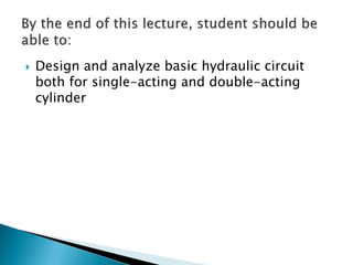  Design and analyze basic hydraulic circuit
both for single-acting and double-acting
cylinder
 