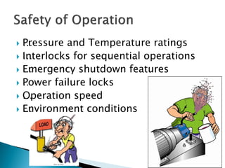  …Pressure and Temperature ratings
 …Interlocks for sequential operations
 …Emergency shutdown features
 …Power failure locks
 …Operation speed
 …Environment conditions
 