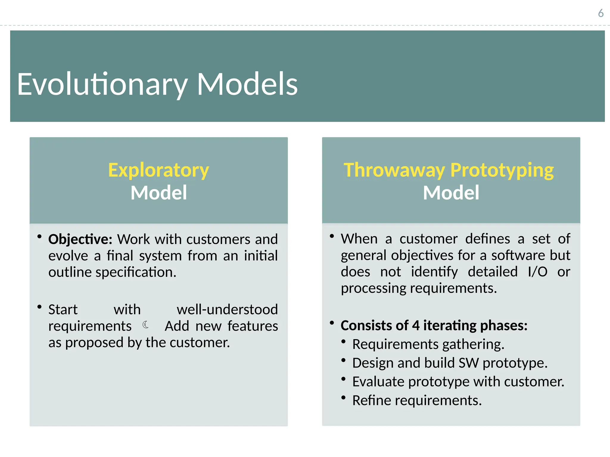 6
Evolutionary Models
Exploratory
Model
• Objective: Work with customers and
evolve a final system from an initial
outline specification.
• Start with well-understood
requirements  Add new features
as proposed by the customer.
Throwaway Prototyping
Model
• When a customer defines a set of
general objectives for a software but
does not identify detailed I/O or
processing requirements.
• Consists of 4 iterating phases:
• Requirements gathering.
• Design and build SW prototype.
• Evaluate prototype with customer.
• Refine requirements.
 