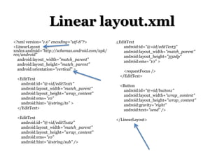Linear layout.xml
<?xml version="1.0" encoding="utf-8"?>
<LinearLayout
xmlns:android="http://schemas.android.com/apk/
res/android"
android:layout_width="match_parent"
android:layout_height="match_parent"
android:orientation="vertical" >
<EditText
android:id="@+id/editText1"
android:layout_width="match_parent"
android:layout_height="wrap_content"
android:ems="10"
android:hint="@string/to" >
</EditText>
<EditText
android:id="@+id/editText2"
android:layout_width="match_parent"
android:layout_height="wrap_content"
android:ems="10"
android:hint="@string/sub" />

<EditText
android:id="@+id/editText3"
android:layout_width="match_parent"
android:layout_height="332dp"
android:ems="10" >
<requestFocus />
</EditText>
<Button
android:id="@+id/button1"
android:layout_width="wrap_content"
android:layout_height="wrap_content"
android:gravity="right"
android:text="send" />
</LinearLayout>

 