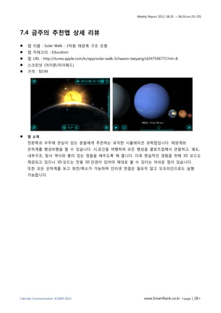 Weekly Report 2012. 08.20. ~ 08.26.(no.35) iOS




7.4 금주의 추천앱 상세 리뷰

   앱 이름 : Solar Walk - 3차원 태양계 구조 모형
   앱 카테고리 : Education
   앱 URL : http://itunes.apple.com/kr/app/solar-walk-3chawon-taeyang/id347546771?mt=8
   스크린샷 (아이폰/아이패드)
   가격 : $0.99




   앱 소개
    천문학과 우주에 관심이 있는 분들에게 추천하는 유익한 시뮬레이션 과학앱입니다. 태양계와
    은하계를 행성비행을 할 수 있습니다. 시,공간을 여행하여 모든 행성을 클로즈업해서 관찰하고, 궤도,
    내부구조, 탐사 역사와 흥미 있는 점들을 배우도록 해 줍니다. 더욱 현실적인 경험을 위해 3D 모드도
    제공되고 있으나 3D 모드는 전용 3D 안경이 있어야 제대로 볼 수 있다는 아쉬운 점이 있습니다.
    또한 모든 은하계를 보고 회전/축소가 가능하며 인터넷 연결은 필요치 않고 오프라인으로도 실행
    가능합니다.




Calcutta Communication ©2009-2012                                   www.SmartRank.co.kr <page | 28>
 