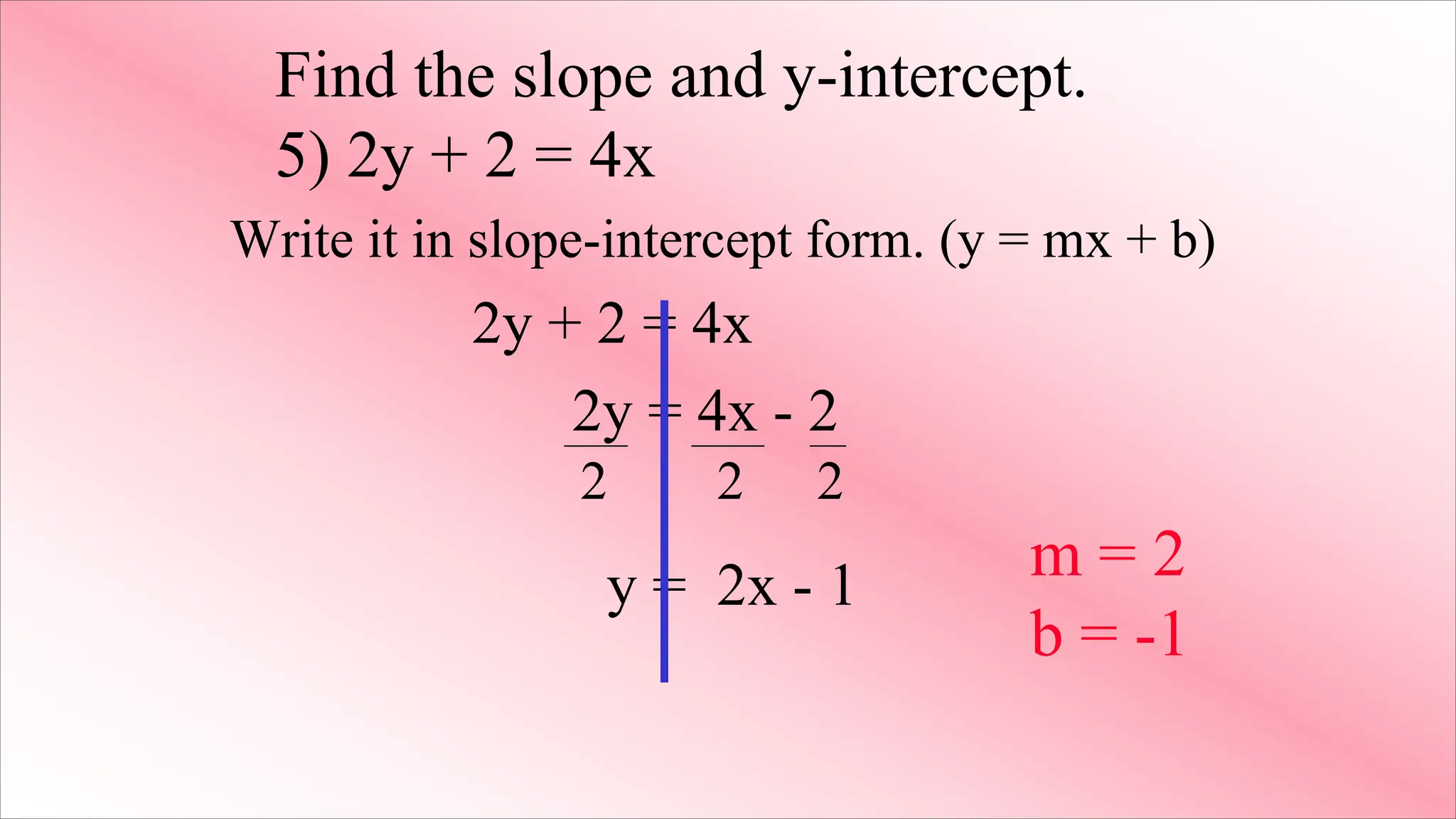 Write it in slope-intercept form. (y = mx + b)
2y + 2 = 4x
2y = 4x - 2
y = 2x - 1
Find the slope and y-intercept.
5) 2y + 2 = 4x
2 2 2
m = 2
b = -1
 