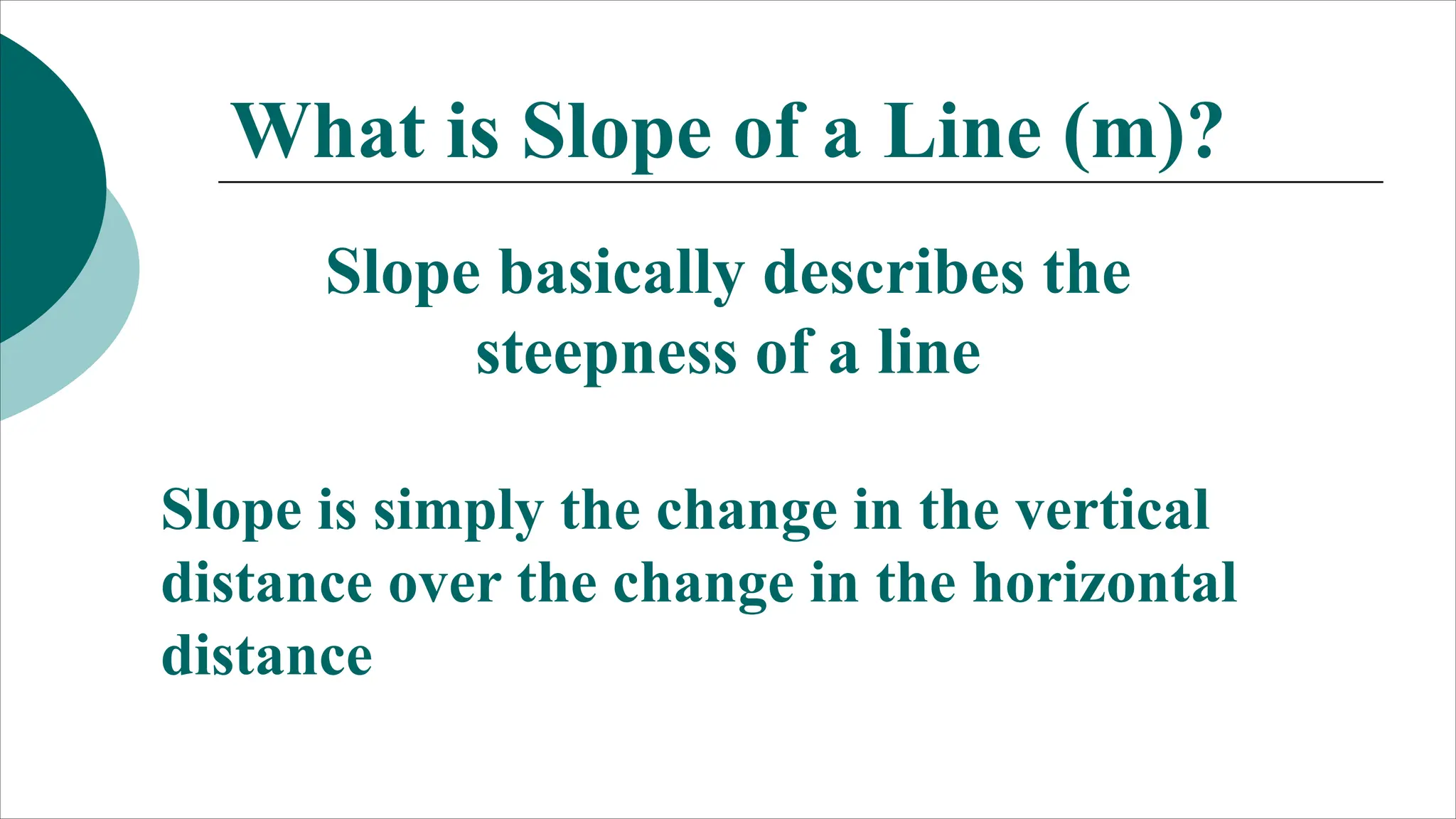 What is Slope of a Line (m)?
Slope basically describes the
steepness of a line
Slope is simply the change in the vertical
distance over the change in the horizontal
distance
 