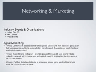 Digital Marketing
• Primary Content: est. podcast called “Slack-jawed Stories”; 15 min. episodes going over
that weeks games and tell a personal story from the past; 1 episode per week; host and
syndicate through Joseph
• Primary Tools: FB and Instagram - promote podcast through 30 sec. promo videos;
LinkedIn - network with industry pros and publish monthly articles highlighting some of
the podcast stories
• Website: Full Sail digital portfolio site to showcase school work; use the blog to help
show the connection of the game.
Industry Events & Organizations
• United Play 60.
• NFL Games
• Press Events
Networking & Marketing
 