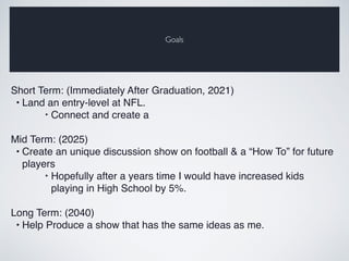 Goals
Short Term: (Immediately After Graduation, 2021)
• Land an entry-level at NFL.
‣ Connect and create a
Mid Term: (2025)
• Create an unique discussion show on football & a “How To” for future
players
‣ Hopefully after a years time I would have increased kids
playing in High School by 5%.
Long Term: (2040)
• Help Produce a show that has the same ideas as me.
 