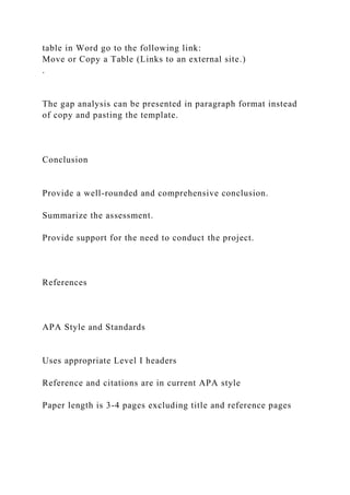 table in Word go to the following link:
Move or Copy a Table (Links to an external site.)
.
The gap analysis can be presented in paragraph format instead
of copy and pasting the template.
Conclusion
Provide a well-rounded and comprehensive conclusion.
Summarize the assessment.
Provide support for the need to conduct the project.
References
APA Style and Standards
Uses appropriate Level I headers
Reference and citations are in current APA style
Paper length is 3-4 pages excluding title and reference pages
 