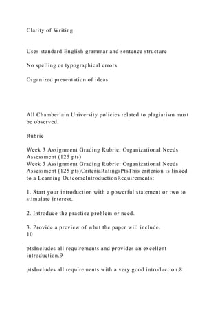 Clarity of Writing
Uses standard English grammar and sentence structure
No spelling or typographical errors
Organized presentation of ideas
All Chamberlain University policies related to plagiarism must
be observed.
Rubric
Week 3 Assignment Grading Rubric: Organizational Needs
Assessment (125 pts)
Week 3 Assignment Grading Rubric: Organizational Needs
Assessment (125 pts)CriteriaRatingsPtsThis criterion is linked
to a Learning OutcomeIntroductionRequirements:
1. Start your introduction with a powerful statement or two to
stimulate interest.
2. Introduce the practice problem or need.
3. Provide a preview of what the paper will include.
10
ptsIncludes all requirements and provides an excellent
introduction.9
ptsIncludes all requirements with a very good introduction.8
 