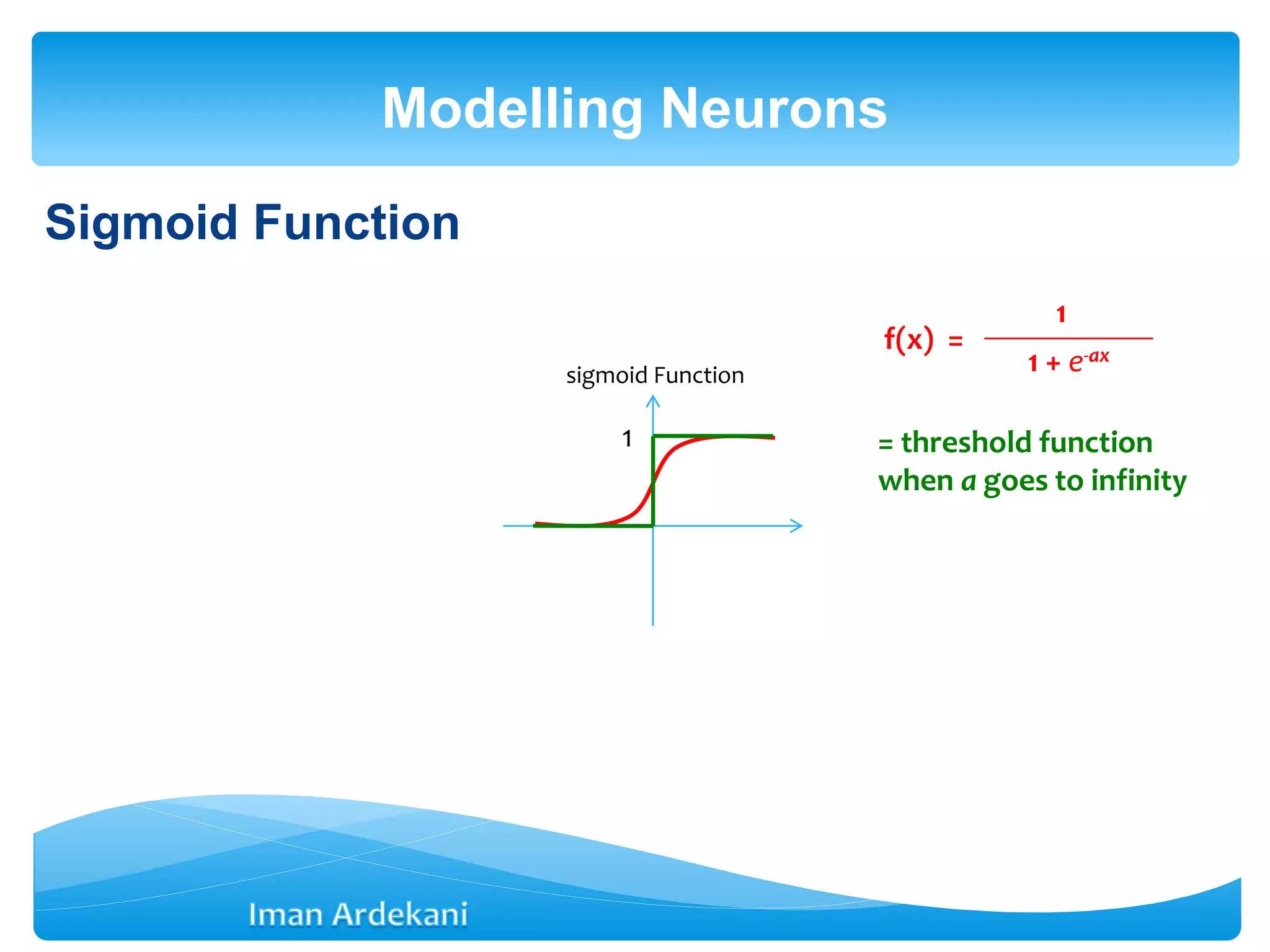 Sigmoid Function
Modelling Neurons
1
sigmoid Function
f(x) =
1
1 + e-ax
= threshold function
when a goes to infinity
 