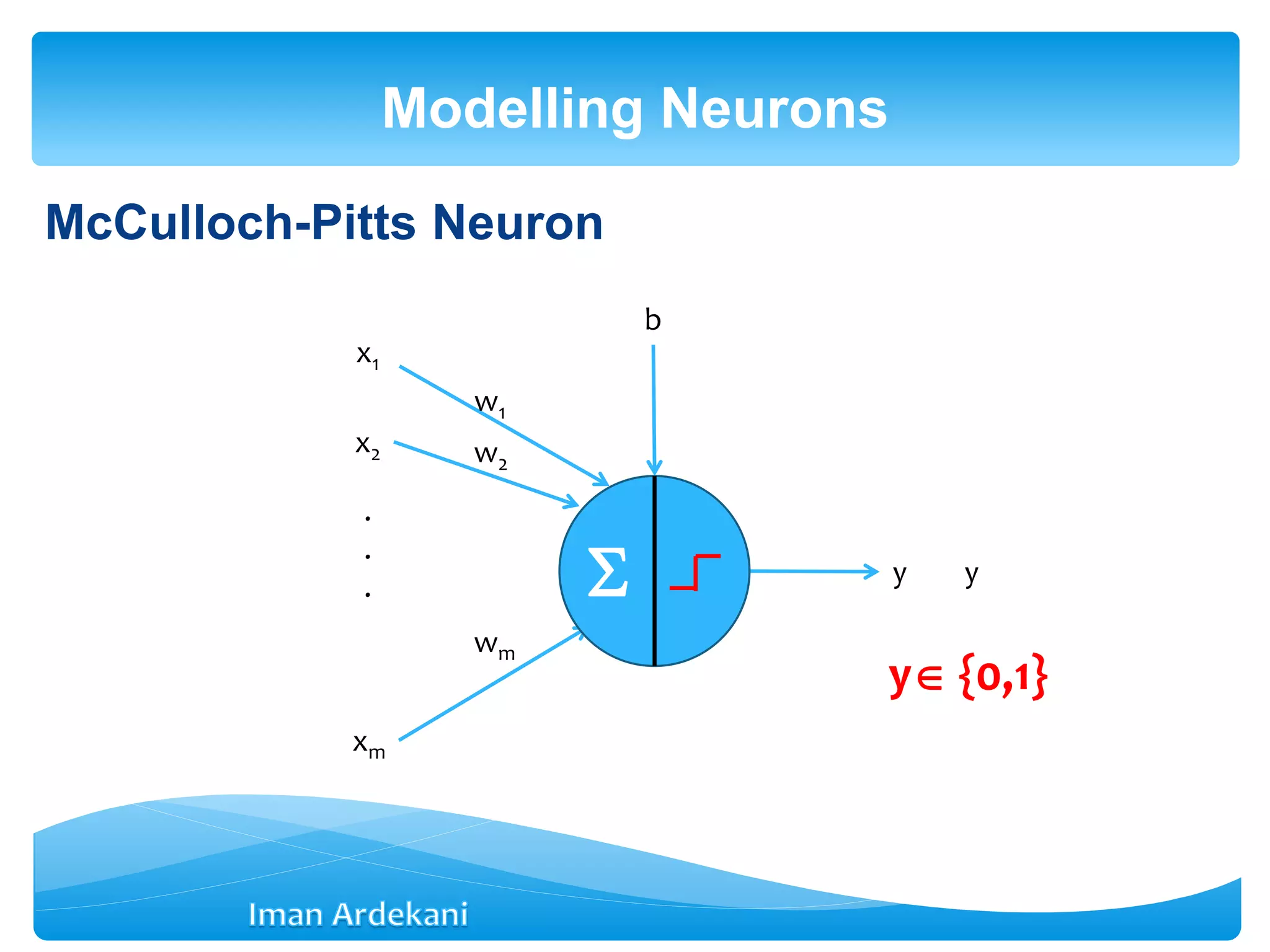 McCulloch-Pitts Neuron
Modelling Neurons
y {0,1}
y
x1
x2
xm
.
.
. y
w1
w2
wm
b

 