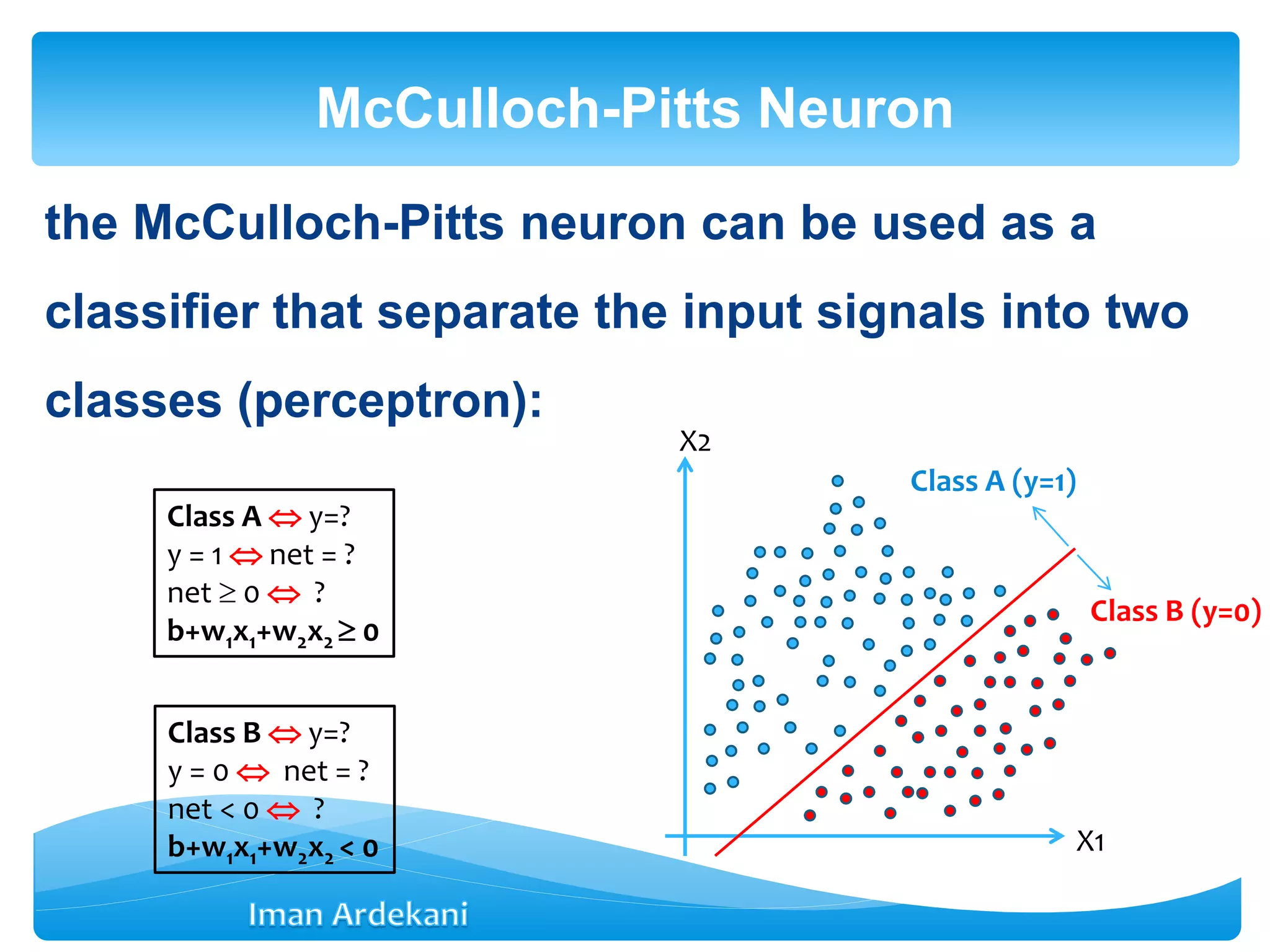the McCulloch-Pitts neuron can be used as a
classifier that separate the input signals into two
classes (perceptron):
McCulloch-Pitts Neuron
X1
X2
Class A (y=1)
Class B (y=0)
Class A  y=?
y = 1  net = ?
net  0  ?
b+w1x1+w2x2  0
Class B  y=?
y = 0  net = ?
net < 0  ?
b+w1x1+w2x2 < 0
 