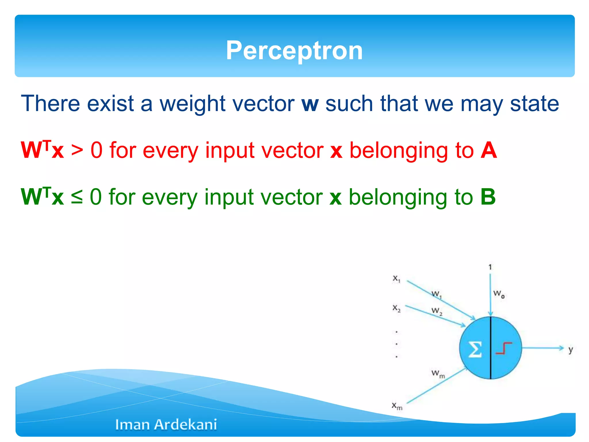 There exist a weight vector w such that we may state
WTx > 0 for every input vector x belonging to A
WTx ≤ 0 for every input vector x belonging to B
Perceptron
 