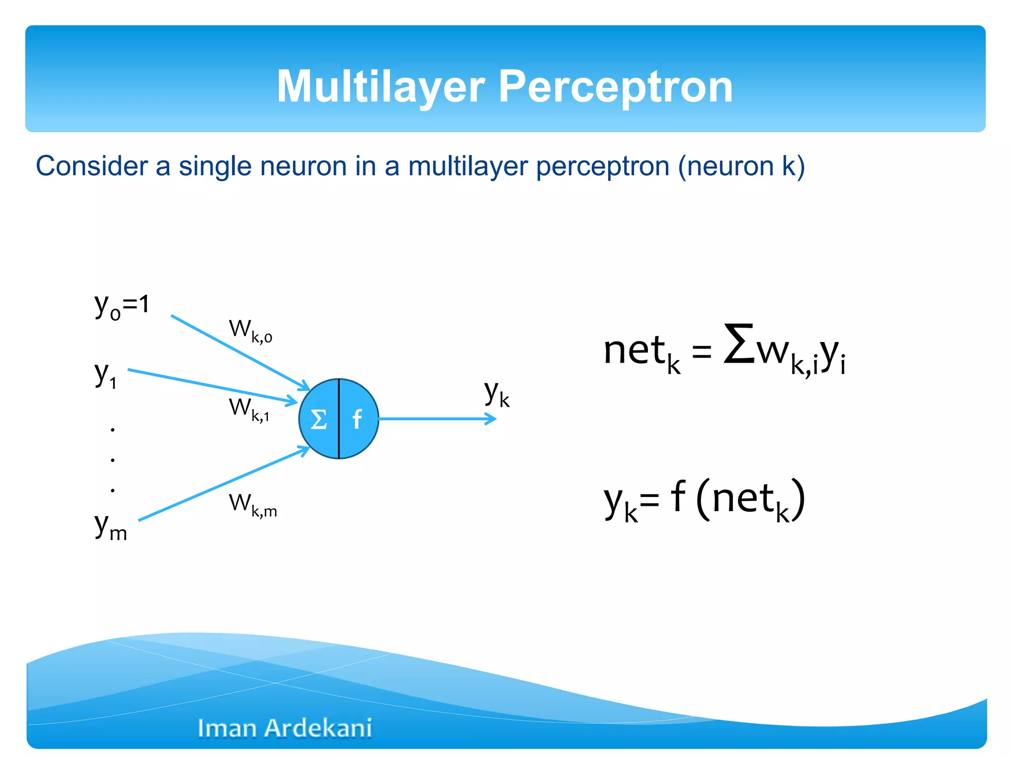Consider a single neuron in a multilayer perceptron (neuron k)
Multilayer Perceptron
 f
yk
y0=1
y1
ym
Wk,0
Wk,1
Wk,m
.
.
.
netk = Σwk,iyi
yk= f (netk)
 