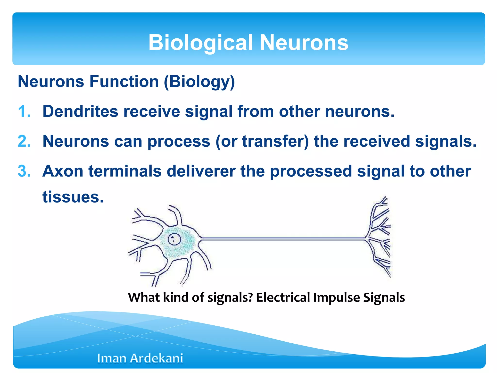 Neurons Function (Biology)
1. Dendrites receive signal from other neurons.
2. Neurons can process (or transfer) the received signals.
3. Axon terminals deliverer the processed signal to other
tissues.
Biological Neurons
What kind of signals? Electrical Impulse Signals
 