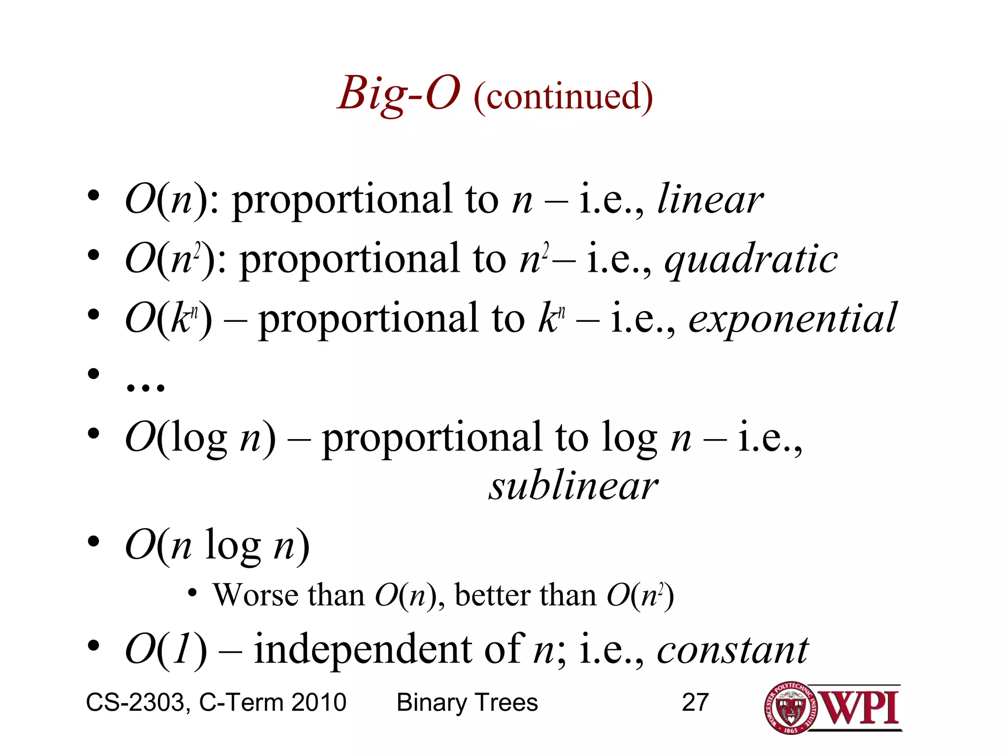 Big-O (continued)
•
•
•
•
•

O(n): proportional to n – i.e., linear
O(n2): proportional to n2 – i.e., quadratic
O(kn) – proportional to kn – i.e., exponential
…
O(log n) – proportional to log n – i.e.,
sublinear
• O(n log n)
• Worse than O(n), better than O(n2)

• O(1) – independent of n; i.e., constant
CS-2303, C-Term 2010

Binary Trees

27

 
