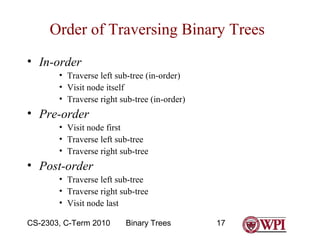 Order of Traversing Binary Trees
• In-order
• Traverse left sub-tree (in-order)
• Visit node itself
• Traverse right sub-tree (in-order)

• Pre-order
• Visit node first
• Traverse left sub-tree
• Traverse right sub-tree

• Post-order
• Traverse left sub-tree
• Traverse right sub-tree
• Visit node last
CS-2303, C-Term 2010

Binary Trees

17

 