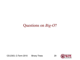 Questions on Big-O?

CS-2303, C-Term 2010

Binary Trees

29

 