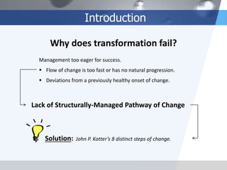 Introduction
Why does transformation fail?
Management too eager for success.

 Flow of change is too fast or has no natur...