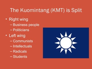 The Kuomintang (KMT) is Split
• Right wing
  – Business people
  – Politicians
• Left wing
  – Communists
  – Intellectuals
  – Radicals
  – Students
 