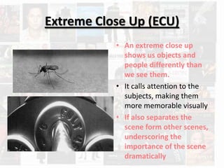 Extreme Close Up (ECU)
           • An extreme close up
             shows us objects and
             people differently than
             we see them.
           • It calls attention to the
             subjects, making them
             more memorable visually
           • If also separates the
             scene form other scenes,
             underscoring the
             importance of the scene
             dramatically
 