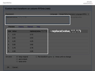 OpenRefine
•replace(value, “,”, “.”)
 