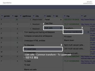 OpenRefine
•Edit cells - Common transform - To uppercase
•대문자로 통일
1
2
3
 