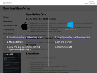 OpenRefine
1. http://openrefine.org/download.html 1. http://openrefine.org/download.html
2. Mac kit 다운로드
3. dmg 파일 열고 OpenRefine 아이콘을
application 폴더로 드래그
4. 실행
2. ZIP 파일 다운받기
3. OpenRefine 실행
 