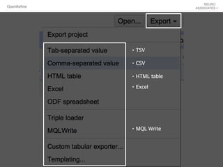 OpenRefine
•TSV
•CSV
•HTML table
•Excel
•MQL Write
 