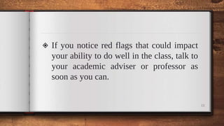 ◈ If you notice red flags that could impact
your ability to do well in the class, talk to
your academic adviser or professor as
soon as you can.
11
 