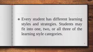 ◈ Every student has different learning
styles and strategies. Students may
fit into one, two, or all three of the
learning style categories.
8
 