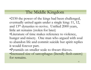 The Middle Kingdom
• 2150 the power of the kings had been challenged,
eventually united again under a single king: 11, 12,
and 13th dynasties to revive. Unified 2000 years,
little art remains (stolen for later)
• Literature of time makes reference to violence,
hunger and misery. One man who argued with soul
to abandon life and commit suicide but spirit replies
it would forever part.
• Pyramids on smaller scale to thwart thieves.
• Increased size of sarcophagus (literally flesh-eaters)
for remains.
                                                    31
 
