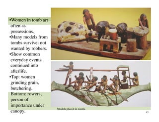 • Women in tomb art
 often as
 possessions. 
• Many models from
 tombs survive: not
 wanted by robbers.
• Show common
 everyday events
 continued into
 afterlife.
• Top: women
 grinding grain,
 butchering.
 Bottom: rowers,
 person of
 importance under
                       Models placed in tombs
 canopy. 
                                      43
 
