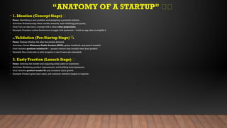 “ANATOMY OF A STARTUP” 🧠🚀
• 1. Ideation (Concept Stage) 💡
• Focus: Identifying a real problem and designing a potential solution.
• Activities: Brainstorming ideas, market research, and validating pain points.
• Goal:Turn an idea into a concept with a clear value proposition.
• Example: Founders realize freelancers struggle with payments build an app idea to simplify it.
→
•
2.Validation (Pre-Startup Stage) 🔍
• Focus: Testing whether the idea has market demand.
• Activities: Create MinimumViable Product (MVP), gather feedback, and pivot if needed.
• Goal: Achieve problem-solution fit — people confirm they actually need your product.
• Example: Run a beta test or pilot program to see if users are interested.
•
3. Early Traction (Launch Stage) 🚀
• Focus: Entering the market and acquiring initial users or customers.
• Activities: Marketing, product improvement, and building brand presence.
• Goal: Achieve product-market fit and consistent early growth.
• Example: Product gains loyal users, and customer retention begins to improve.
 