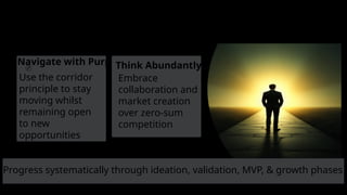 Your Entrepreneurial Toolkit
Success comes from combining the right mindset with proven frameworks and
continuous learning.
Navigate with Purpose
Use the corridor
principle to stay
moving whilst
remaining open
to new
opportunities
Think Abundantly
Embrace
collaboration and
market creation
over zero-sum
competition
Follow the Framework
Progress systematically through ideation, validation, MVP, & growth phases
 