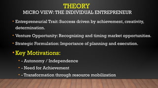 THEORY
MICRO VIEW:THE INDIVIDUAL ENTREPRENEUR
• Entrepreneurial Trait: Success driven by achievement, creativity,
determination.
• Venture Opportunity: Recognizing and timing market opportunities.
• Strategic Formulation: Importance of planning and execution.
•Key Motivations:
• - Autonomy / Independence
• - Need for Achievement
• - Transformation through resource mobilization
 