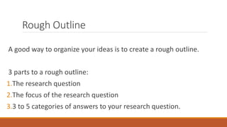 Rough Outline
A good way to organize your ideas is to create a rough outline.
3 parts to a rough outline:
1.The research question
2.The focus of the research question
3.3 to 5 categories of answers to your research question.
 