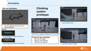 Animation
? When there is a ledge it will trigger the climb animation
? Can also detect holes
? Can detect if there is a ledge
Climbing
system
prototype
pl
Future for this prototype:
? Climb up the ledge
? Hang to move right/left
? Hang to jump diagonal
Options
? We can adjust the number of times we to
check for a ledge
? We can decide the distance of our tracing
Rat run animation
? Second updated version of the rat
sprint animation
 