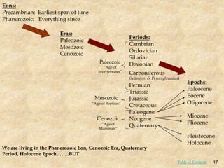 Eons:
Precambrian: Earliest span of time
Phanerozoic: Everything since
Eras:
Paleozoic
Mesozoic
Cenozoic
Periods:
Cambrian
Ordovician
Silurian
Devonian
Carboniferous
(Missipp. & Pennsylvanian)
Permian
Triassic
Jurassic
Cretaceous
Paleogene
Neogene
Quaternary
Epochs:
Paleocene
Eocene
Oligocene
Miocene
Pliocene
Pleistocene
Holocene
We are living in the Phanerozoic Eon, Cenozoic Era, Quaternary
Period, Holocene Epoch……..BUT
Paleozoic
“Age of
Invertebrates”
Mesozoic
“Age of Reptiles”
Cenozoic
“Age of
Mammals”
17
Table of Contents
 
