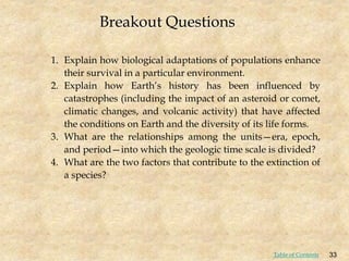 1. Explain how biological adaptations of populations enhance
their survival in a particular environment.
2. Explain how Earth’s history has been influenced by
catastrophes (including the impact of an asteroid or comet,
climatic changes, and volcanic activity) that have affected
the conditions on Earth and the diversity of its life forms.
3. What are the relationships among the units—era, epoch,
and period—into which the geologic time scale is divided?
4. What are the two factors that contribute to the extinction of
a species?
Breakout Questions
33
Table of Contents
 