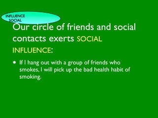 INFLUENCE
  SOCIAL

   Our circle of friends and social

                              INFLUENCE
   contacts exerts SOCIAL
                                SOCIAL




                                                           AL AL
                   PE NT
                     CO




                                                      GO ON
                     RS RO




                                                               S


                                                             D
                       ON L




                                                         RS
   INFLUENCE:



                                                          VE
            VA




                                                       EI
                                                      PE
                         AL




                                                  M C
               LUE




                                                 O ER
                     S




                                               PT P
                                                   S
   •                                                               TO
       GE
      If DIER
       N hang out with a group ofS friends who
                                    CE
                                                                 S


                                             M
                                  AC RE
                                          SY
      smokes, I will pick up theHCA health habit of
                                   bad ITIVE
   AG                          AL
                                 T       N
      E
      smoking.              HE      C OG
                                                         R   S
                                                      TO
                                                  FAC
 